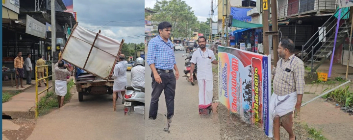 Advertisement and propaganda boards in Thamarassery were removed. Pavement encroachments were not demolished image_cleanup