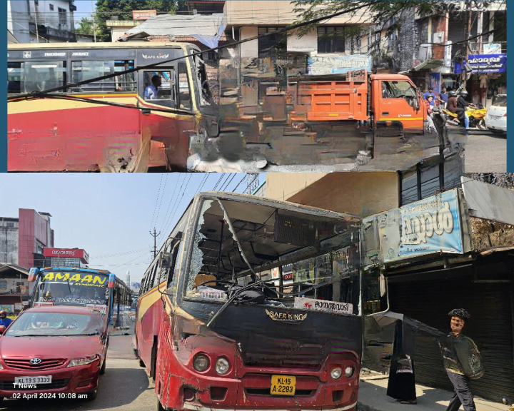KSRTC bus hit behind tipper lorry in Thamarassery. cleanup