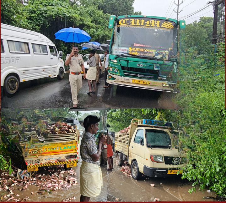 Thamarassery private bus collides with a minilorry traffic on the national highway is disrupted. cleanup1