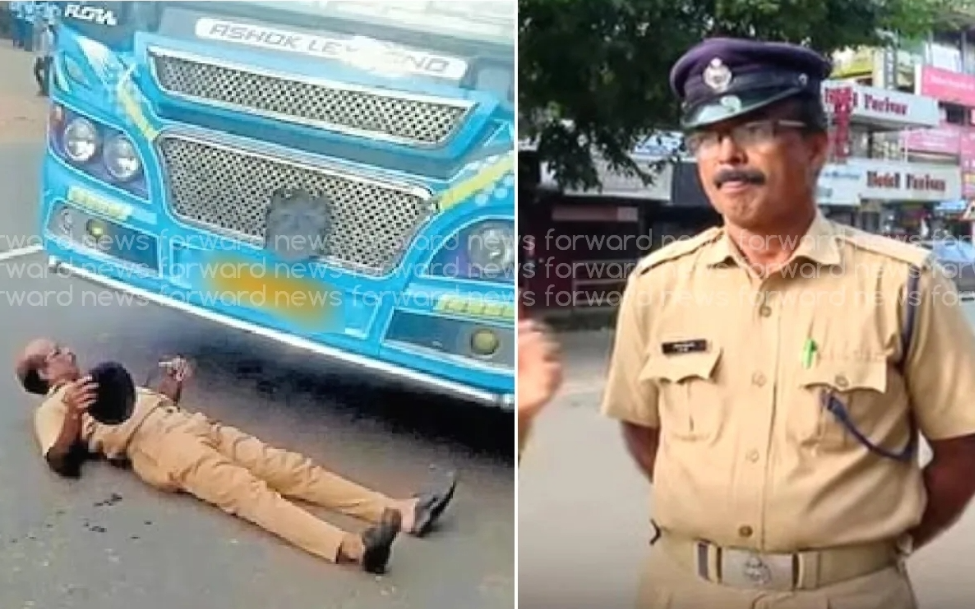 വിദ്യാർഥികളെ കയറ്റിയില്ല ; ബസിനു മുന്നിൽ റോഡിൽ കിടന്ന് ഹോംഗാർഡിന്റെ പ്രതിഷേധം 5 students were not allowed to board home guard protests by lying down on the road in front of the bus